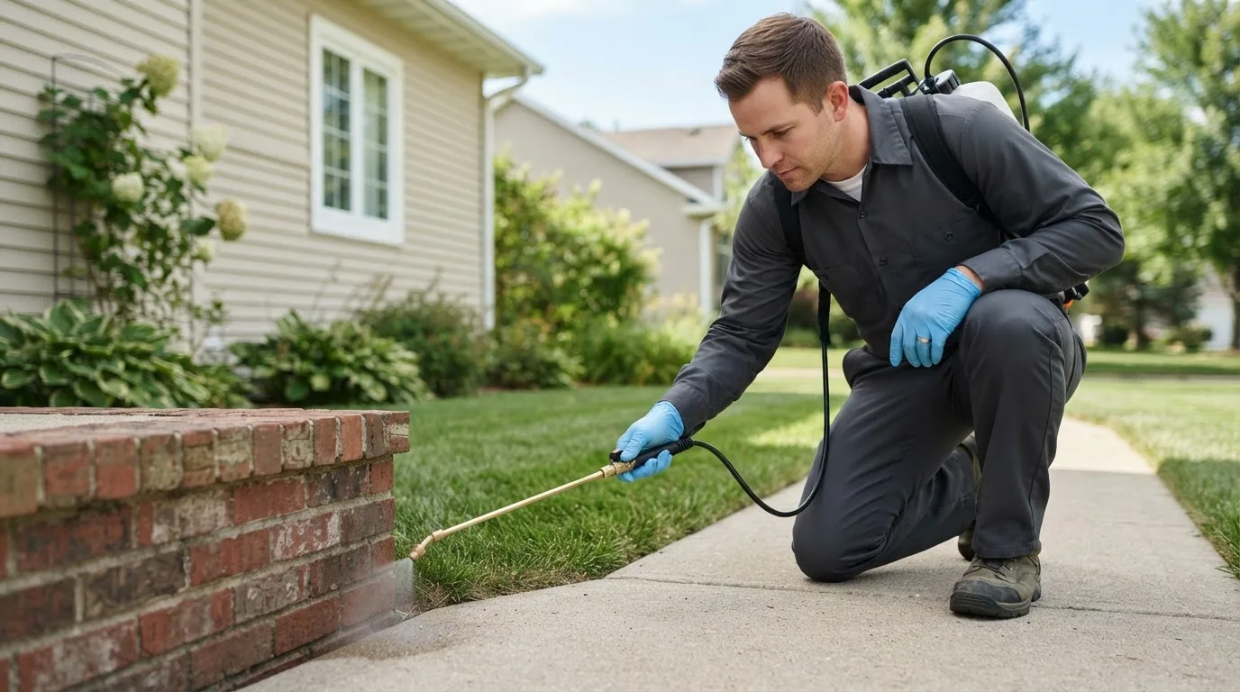 Pest control technician treating a home near Chandlersville, OH