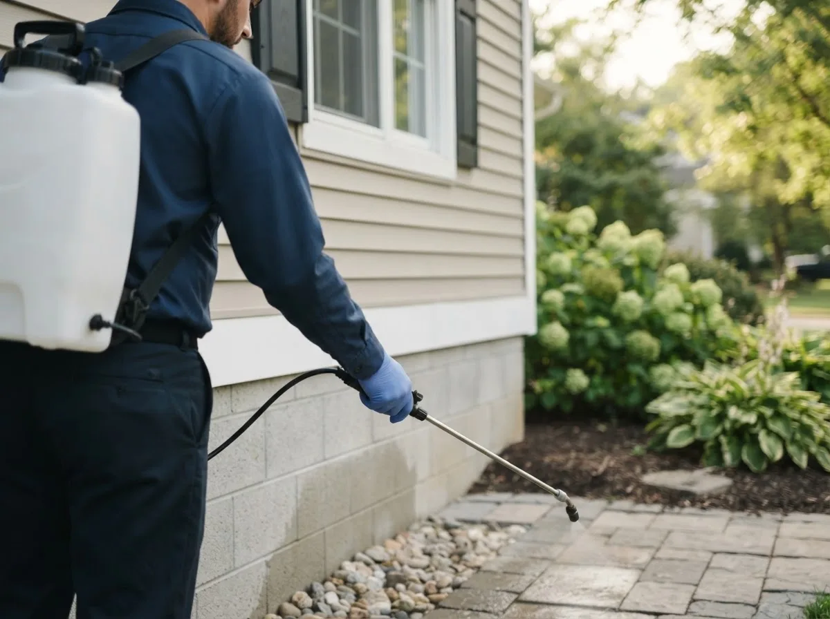 Pest control technician inspecting a home in Chandlersville, OH